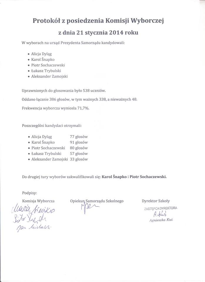 Protokół z posiedzenia Komisji Wyborczej z dnia 21 stycznia 2014 roku