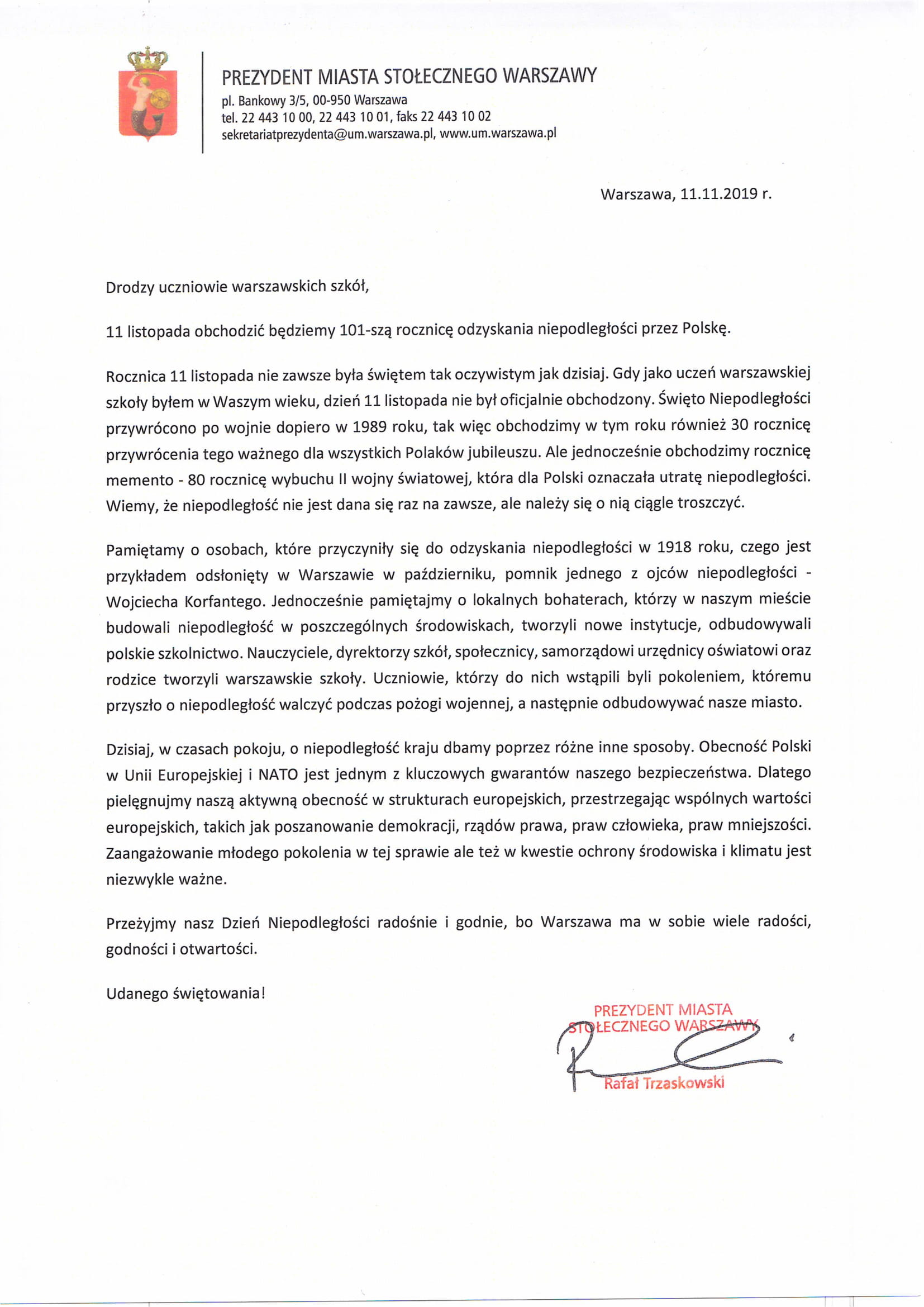 List Prezydenta miasta stołecznego Warszawy z okazji rocznicy odzyskania niepodległości